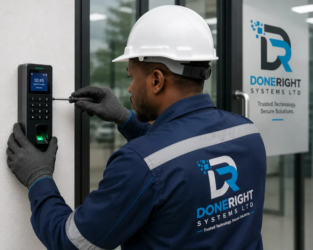 Staff member using a wall-mounted biometric time and attendance terminal at work
