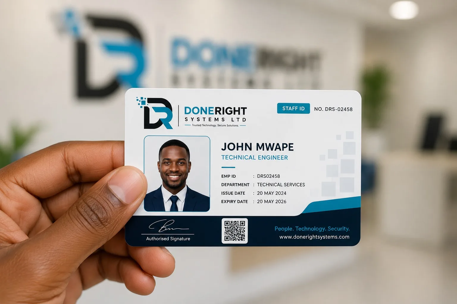 Doneright Systems staff ID card held in a professional office environment in Lusaka, Zambia