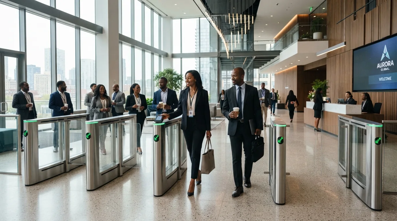 Modern glass speed gates at a corporate office entrance with black interior design