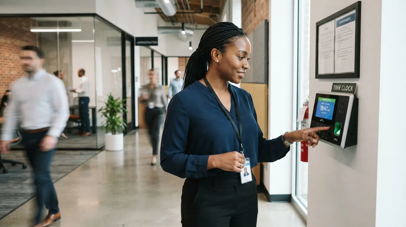 Staff member using a wall-mounted biometric time and attendance terminal at work